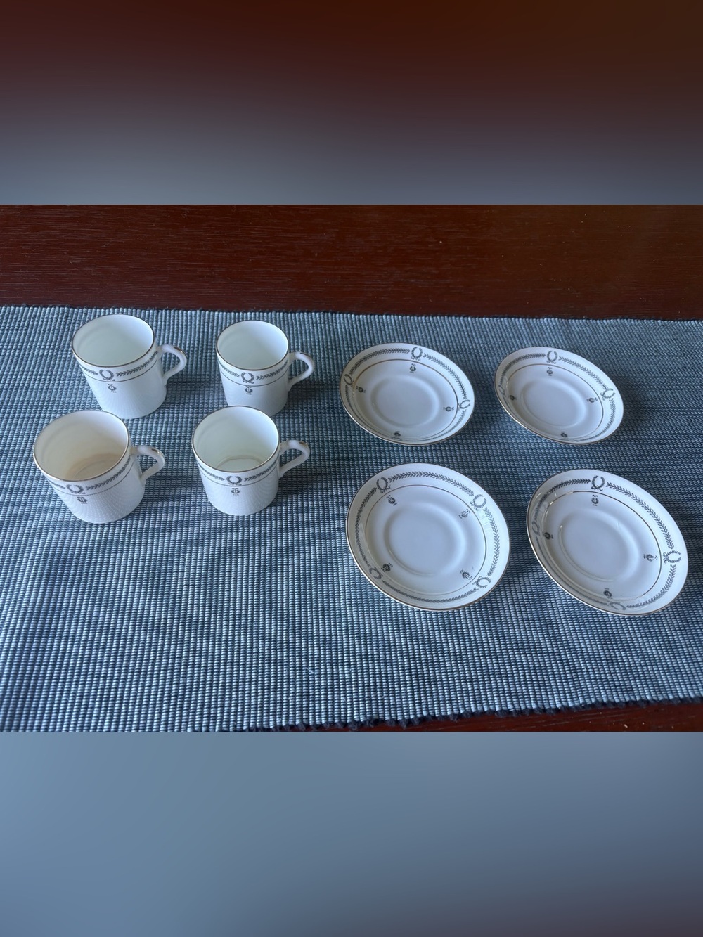 Set of 4 Vintage Paragon Tea Cups and Saucers Black White Gold